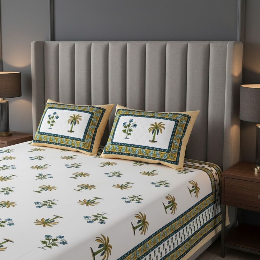 Cultural Mosaic Lemon Block Print Pure Cotton Double Bedsheet